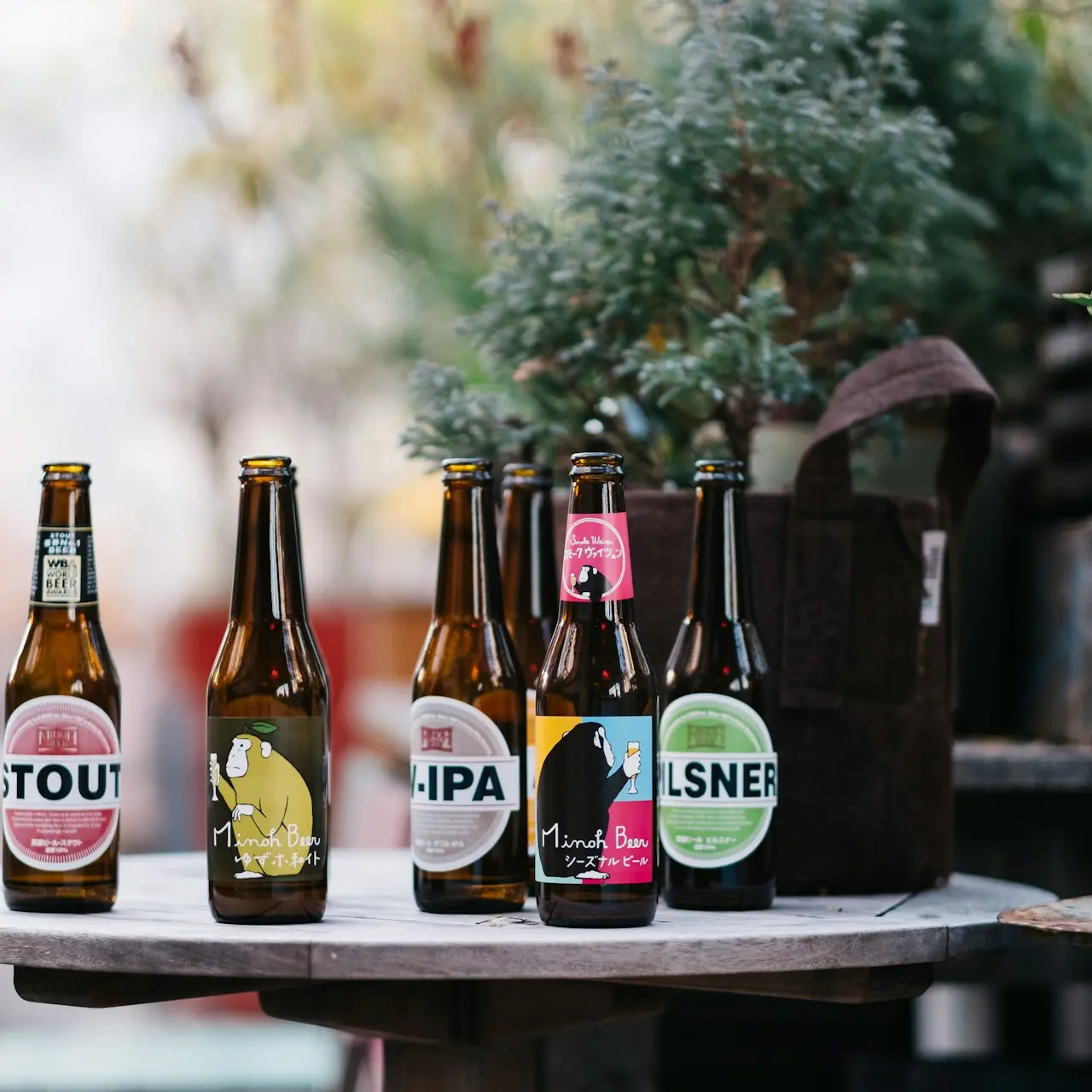 six label bottles on top of round table